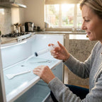 A person using the EasyDrain™ flexible brush and spray to clear a drain pipe in a home sink, demonstrating clog removal.