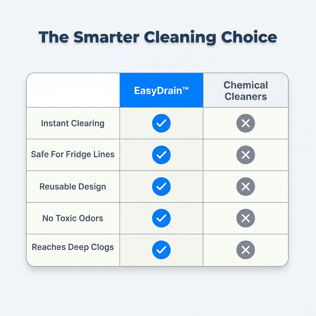 A comparison table showing EasyDrain™ flexible brush and spray system by Arenzza for clog-free pipes.