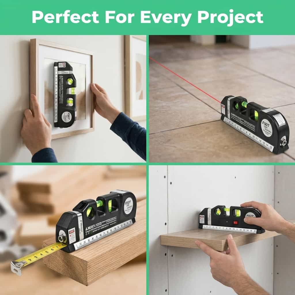 Arenzza EasyLevel™ 4-in-1 Laser Measure Tool with multiple measurement panels and digital display on a dark background.