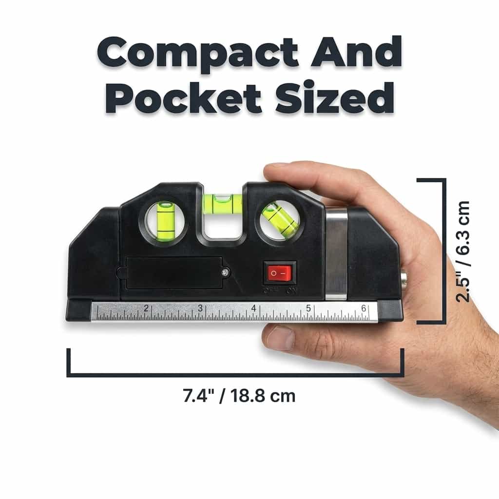 Aarenzza EasyLevel™ 4-in-1 Laser Measure Tool with diagram showing 8 dimensions and measurement features for accurate distance and size tracking.