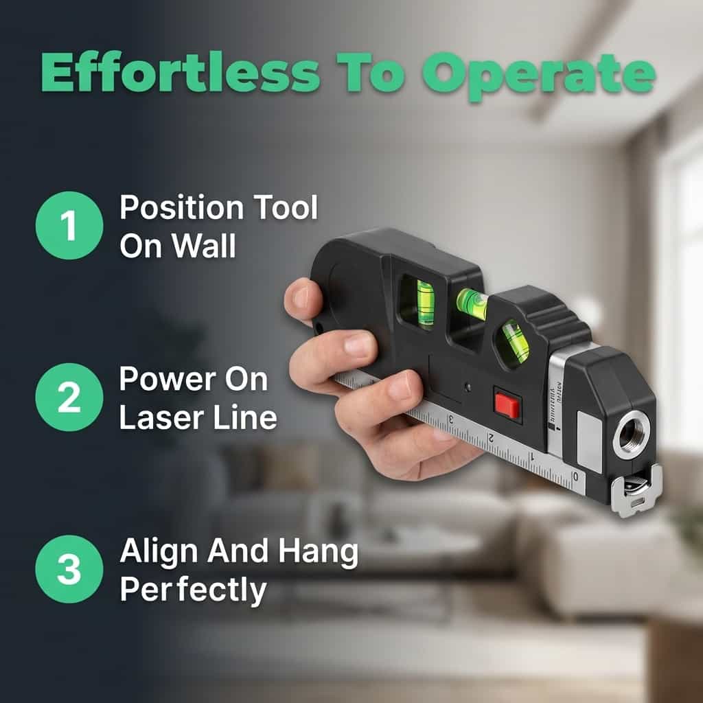 Arenzza EasyLevel 4-in-1 Laser Measure Tool displaying measurement readings and versatile measurement system in use.