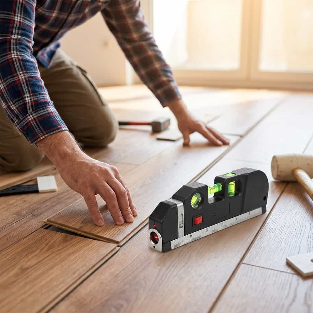 Arenzza EasyLevel 4-in-1 Laser Measure Tool showing versatile measurement functions in a human lifestyle scene.