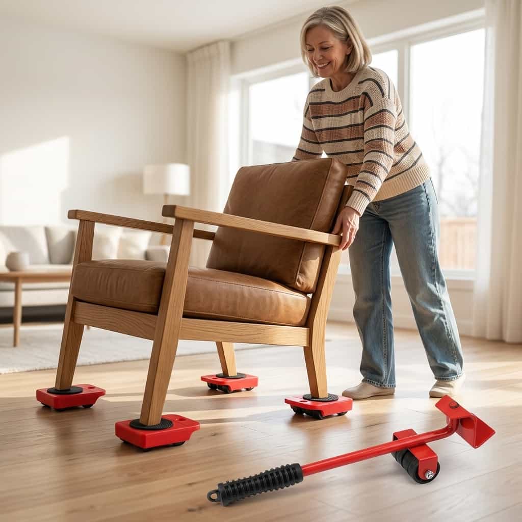 A group of people using EasyMove™ furniture sliders by Arenzza to easily move heavy furniture across a room.