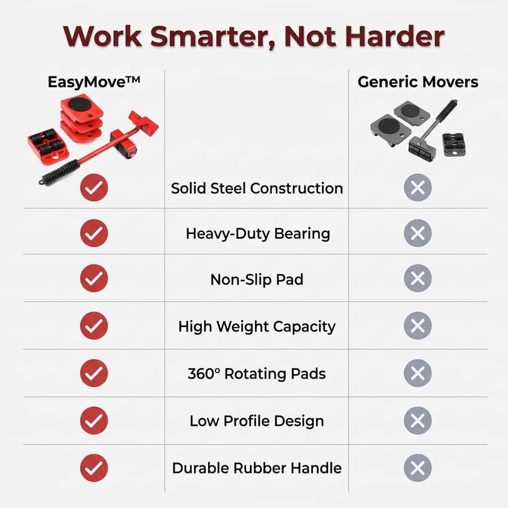 Comparison table showing how EasyMove™ by Arenzza helps relocate heavy furniture easily with different moving tools and techniques.