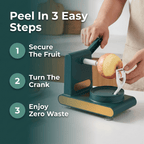 Arenzza EasyPeel™ fruit peeler showing three-step process with a hand peeling an apple efficiently