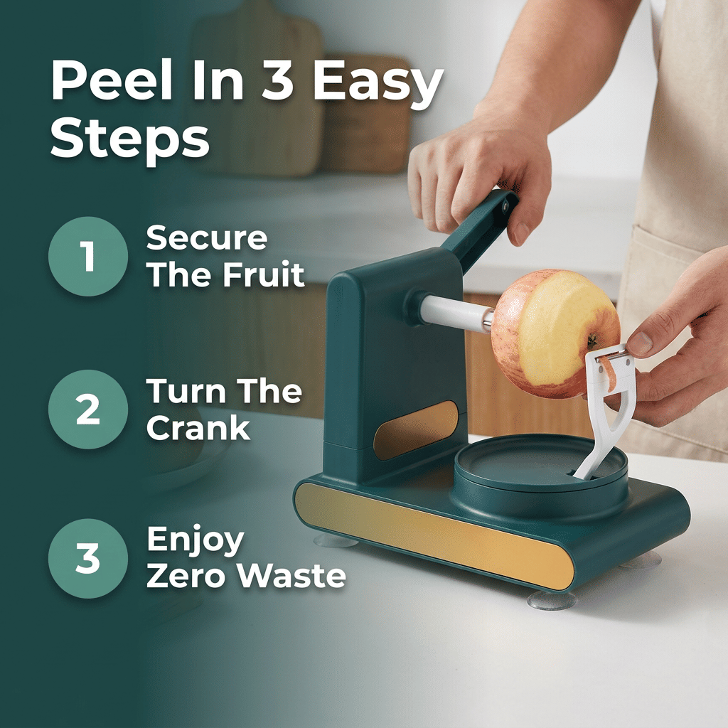 Arenzza EasyPeel™ fruit peeler showing three-step process with a hand peeling an apple efficiently