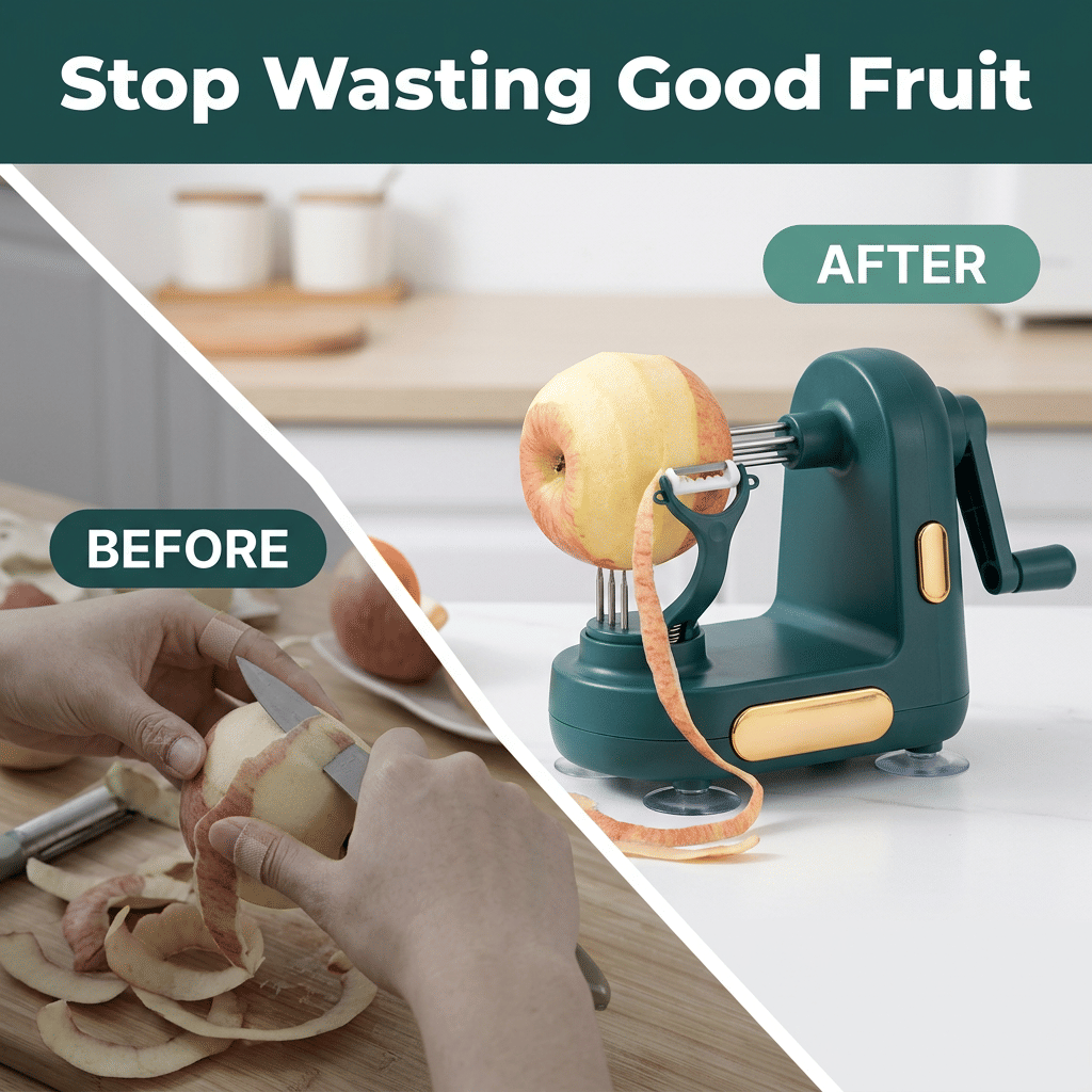 Aarenza EasyPeel™ fruit peeler in hand, showing before and after images of effortless fruit peeling with the kitchen tool.