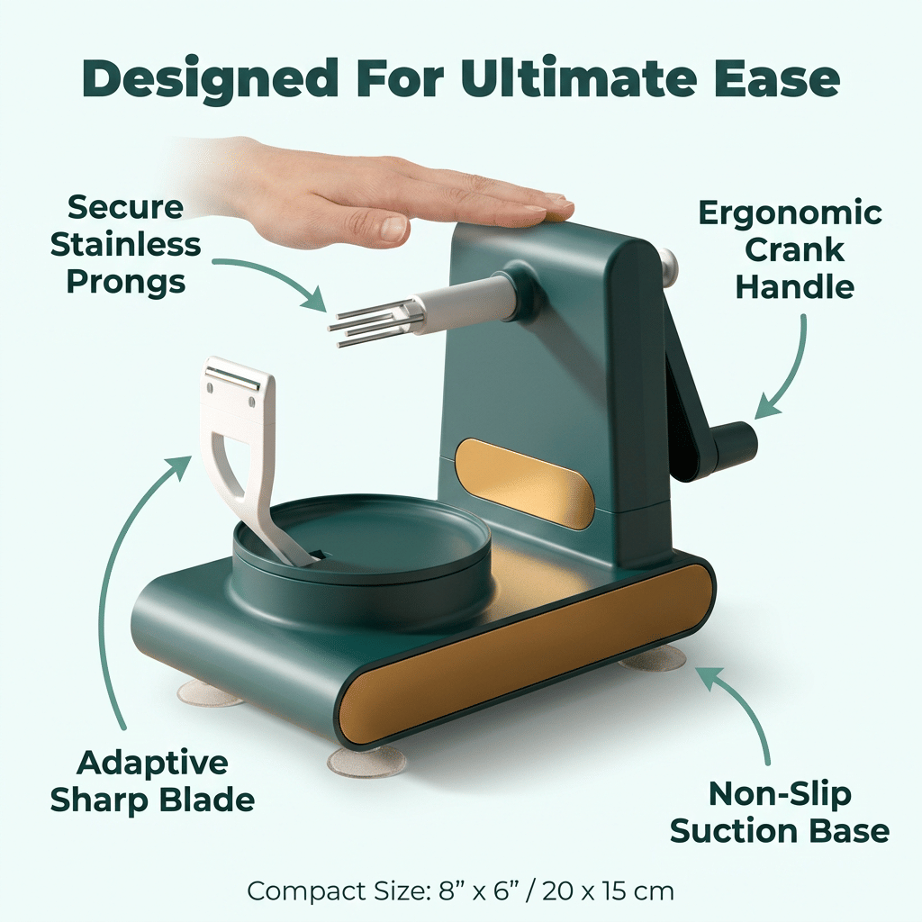 Illustration showing nine benefits of Arenzza EasyPeel™ fruit peeler with arrows highlighting features and advantages.