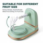 Arenzza EasyPeel™ fruit peeler with ergonomic handle, demonstrating effortless peeling of an orange on a white background.