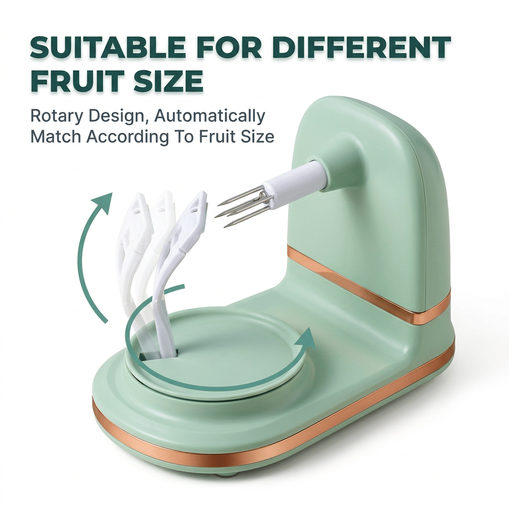 Arenzza EasyPeel™ fruit peeler with ergonomic handle, demonstrating effortless peeling of an orange on a white background.