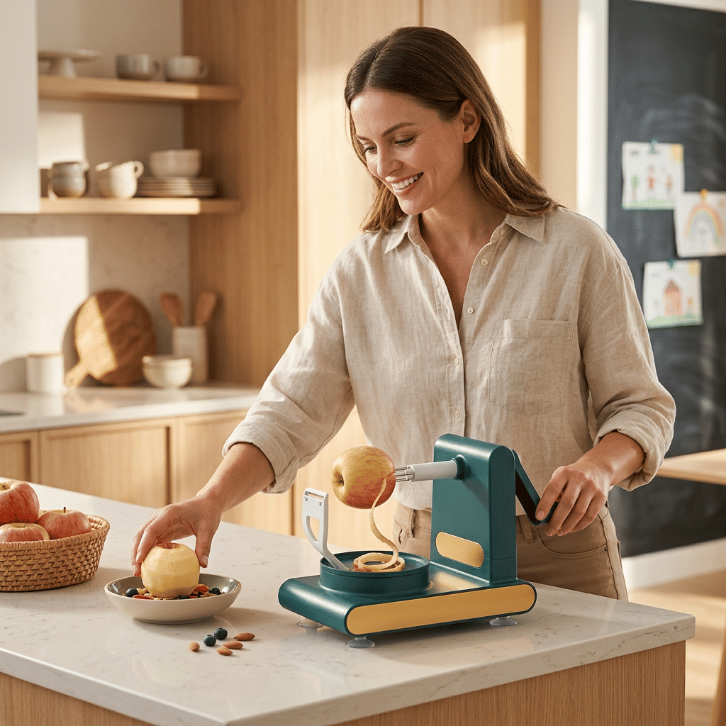 A person peeling a fruit with the EasyPeel™ from Arenzza, demonstrating effortless and precise fruit peeling in a lifestyle setting.
