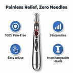 Aarenza EasyRelief™ needle-free pain relief device shown with LED indicator, compact and portable for fast, painless relief.