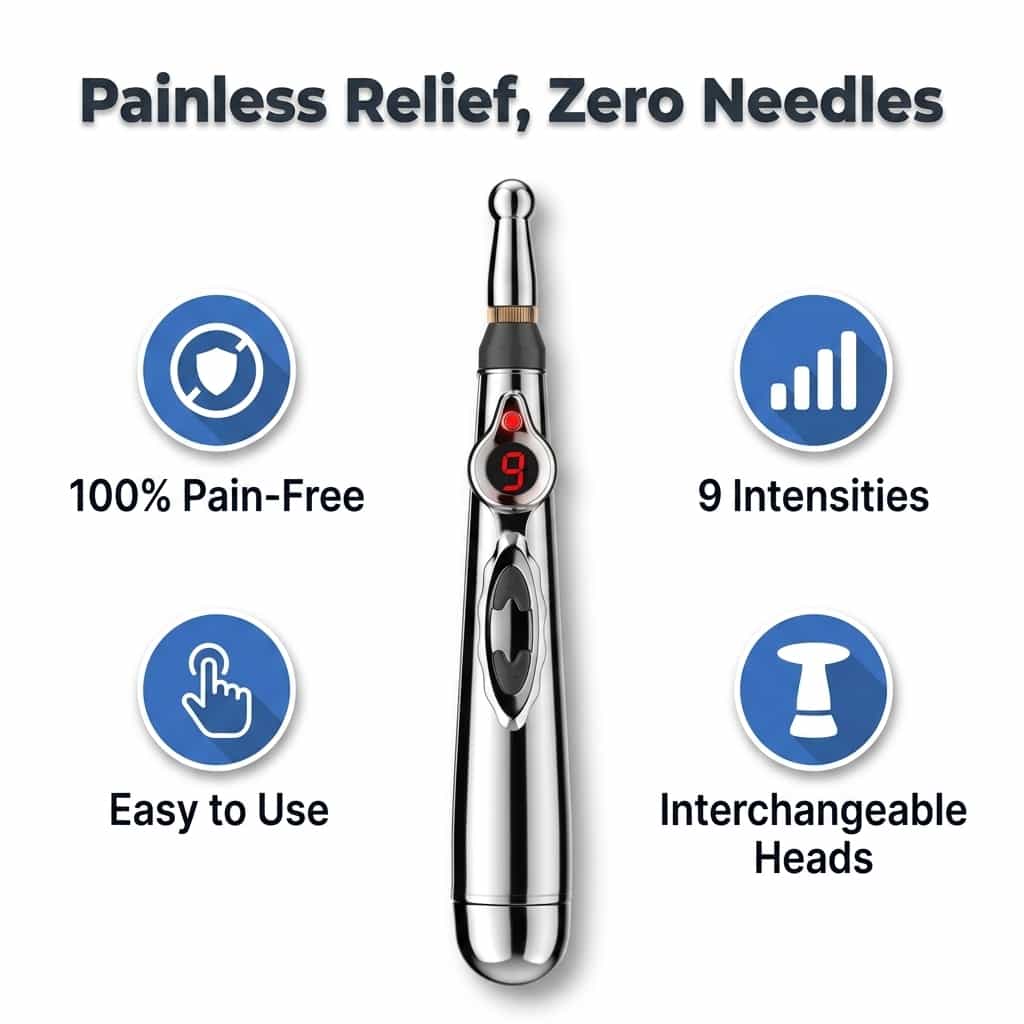 Aarenza EasyRelief™ needle-free pain relief device shown with LED indicator, compact and portable for fast, painless relief.