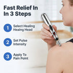 Arenzza EasyRelief needle-free pain relief device demonstrating rapid, painless relief with four simple steps.