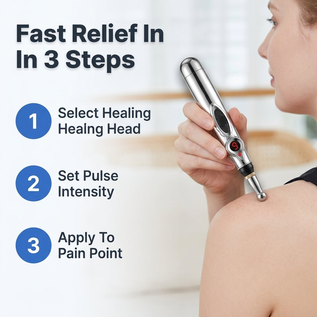 Arenzza EasyRelief needle-free pain relief device demonstrating rapid, painless relief with four simple steps.