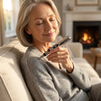 A person using EasyRelief™ needle-free pain relief device from Arenzza on their arm in a home setting.