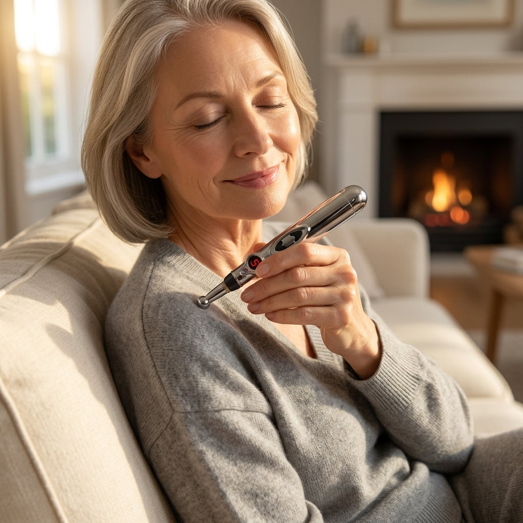 A person using EasyRelief™ needle-free pain relief device from Arenzza on their arm in a home setting.