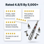 Aarenza EasyRelief™ needle-free pain relief device displayed on a social proof wall with customer testimonials and branding.