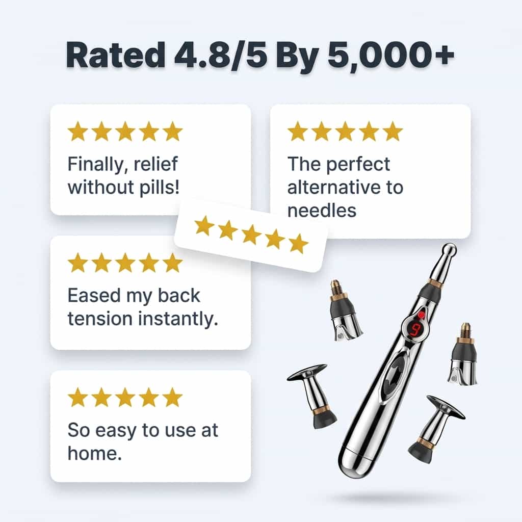 Aarenza EasyRelief™ needle-free pain relief device displayed on a social proof wall with customer testimonials and branding.