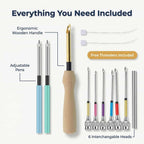 Arenzza EasySew ergonomic embroidery grip bundle, showing three comfortable, pain-free embroidery tools with textured handles.