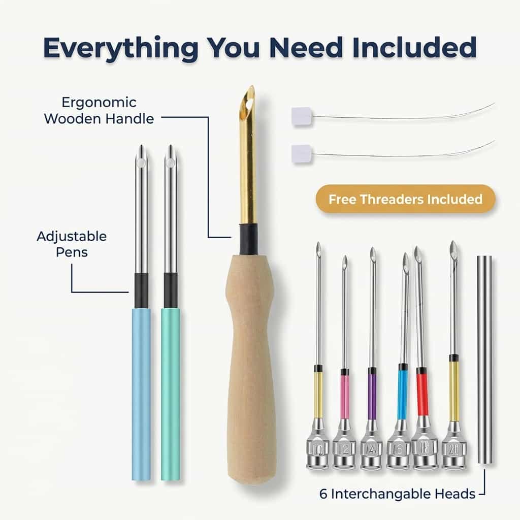 Arenzza EasySew ergonomic embroidery grip bundle, showing three comfortable, pain-free embroidery tools with textured handles.
