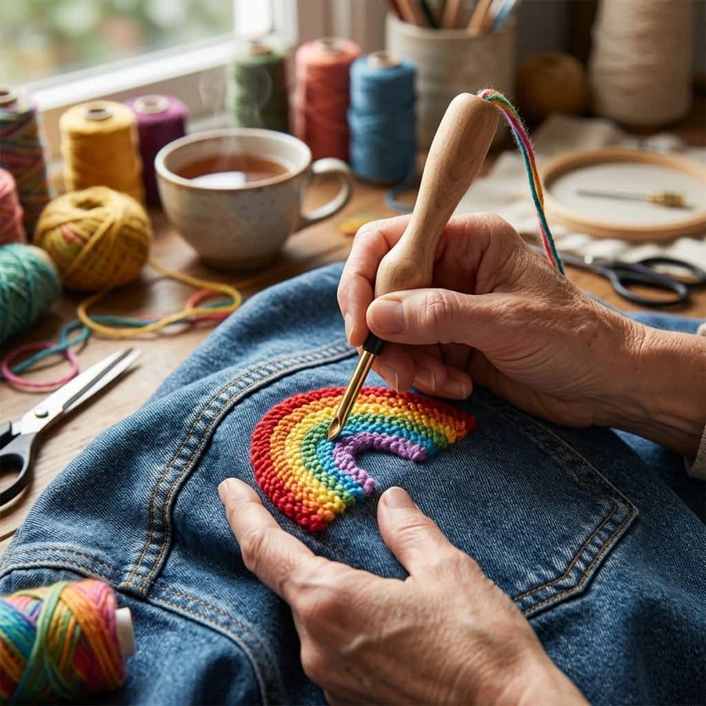 A person using the Arenzza EasySew ergonomic grip for pain-free embroidery in a comfortable craft room setting.