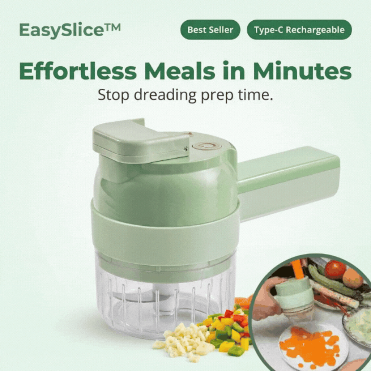 Arenzza EasySlice™ kitchen tool cutting vegetables quickly, helping turn kitchen chaos into meals in minutes.