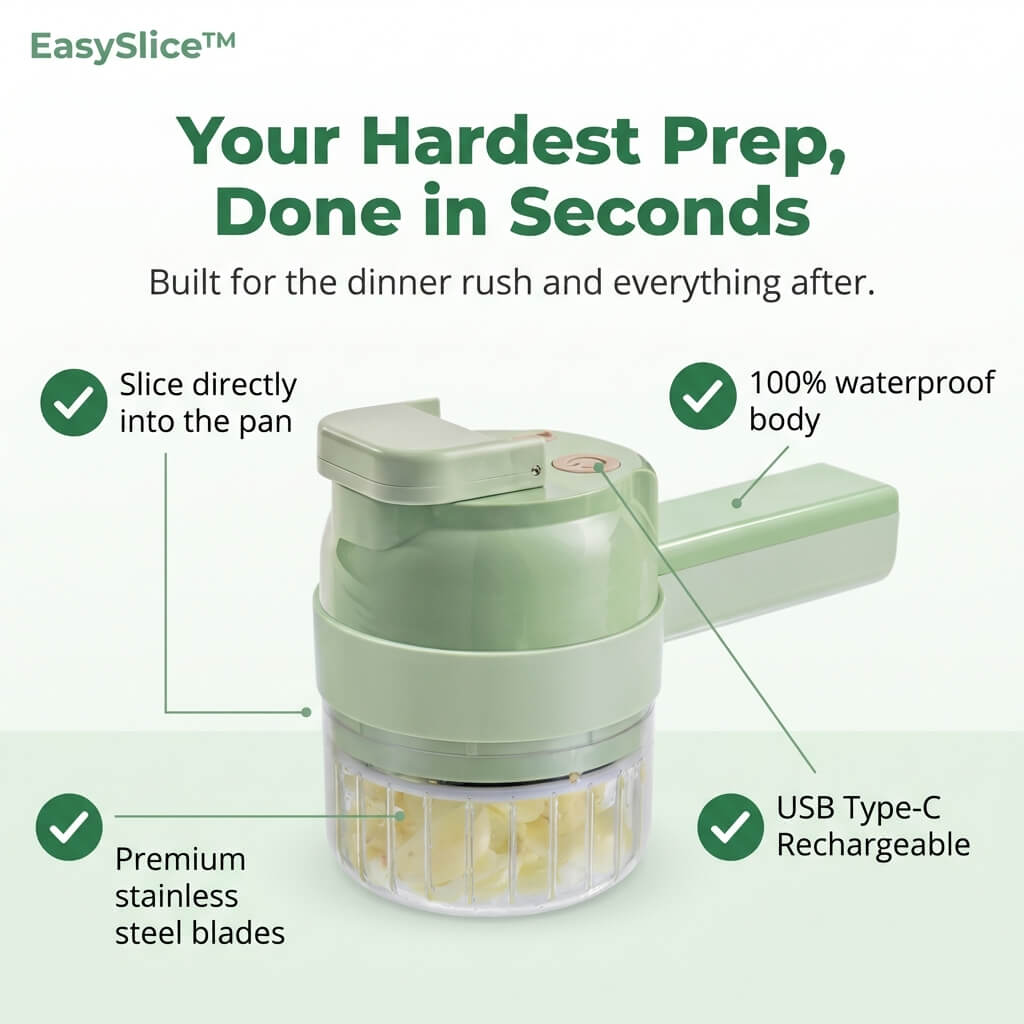 Aarenza EasySlice kitchen tool for quick, efficient meal prep, featuring a sleek design and sharp slicing blades.