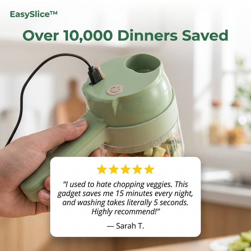 Arenzza EasySlice kitchen tool for quick, even slicing of vegetables and fruits, with a sleek ergonomic design.