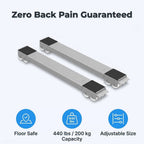 Arenzza EasySlide™ moving heavy furniture with ease, showing two sliding tools under a sofa to reduce strain during moving.