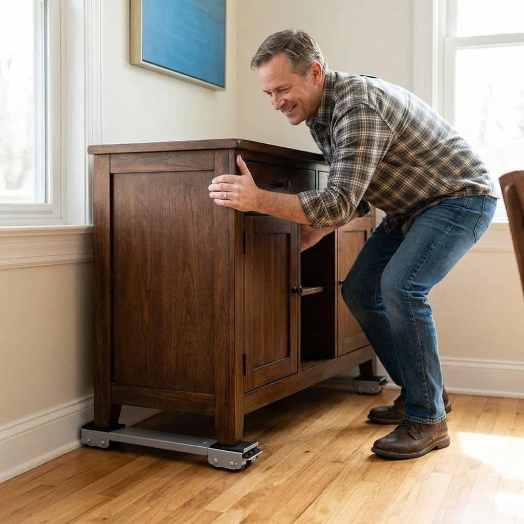 A person using Arenzza EasySlide™ furniture sliders to move heavy furniture easily in a home setting.