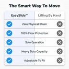 Comparison table of Arenzza EasySlide™ furniture sliders showing different sizes and weight capacities for moving heavy furniture.
