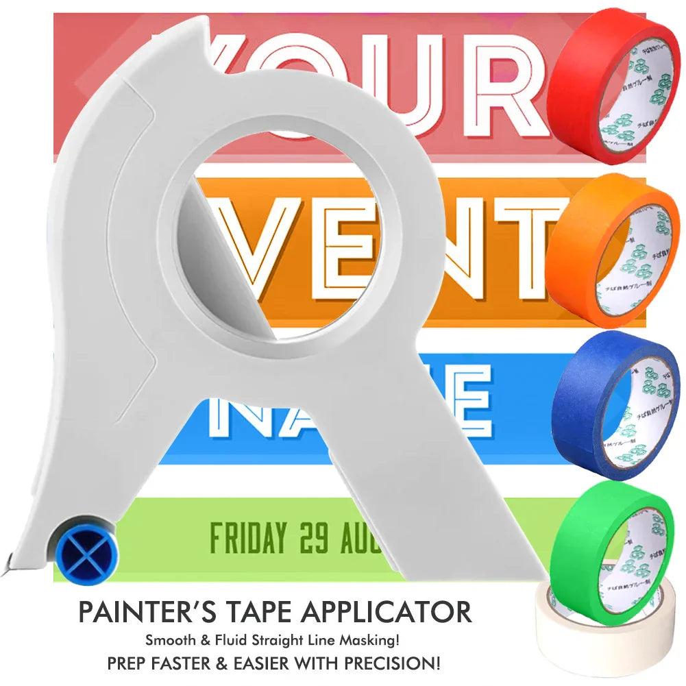 Arenzza EasyTape painter’s tape applicator showing a hand applying painter’s tape with precision for clean edges.