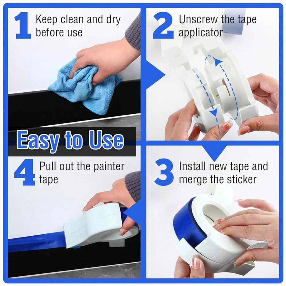 Arenzza EasyTape™ painter’s tape applicator showing a hand applying tape with precision for clean, sharp paint edges.