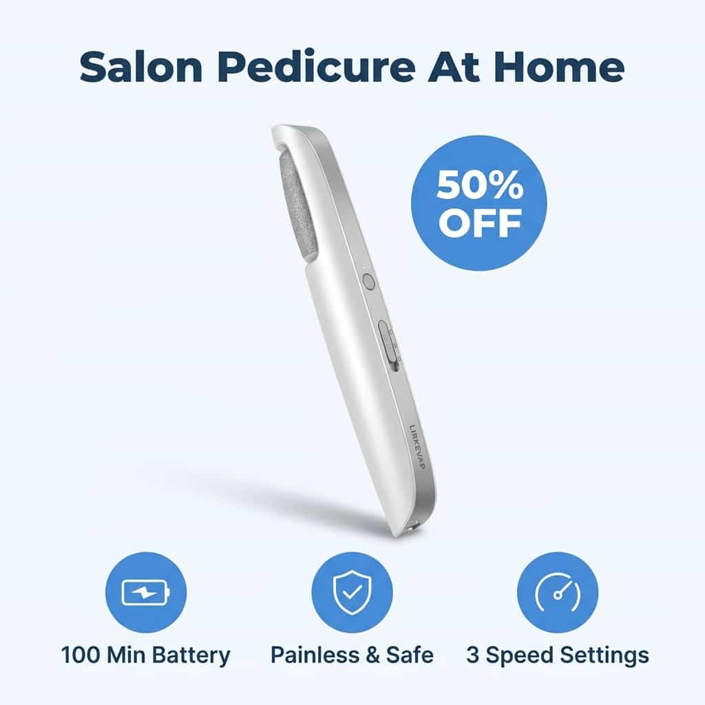 Arenzza electric callus remover with ergonomic handle and LED light for professional pedicure at home, showing the device in use.