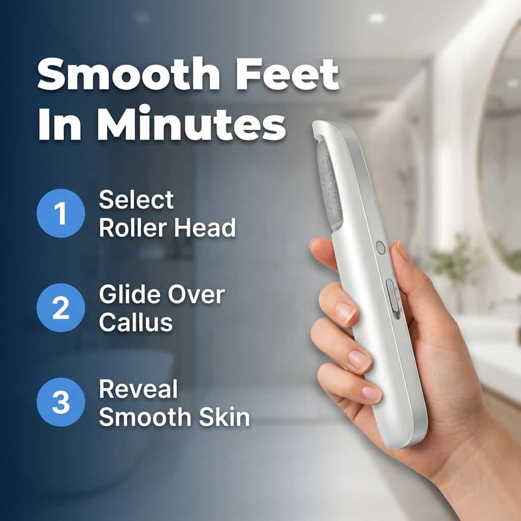 Arenzza electric callus remover showing three steps for smooth, professional pedicure results at home with a handheld device and replaceable heads.