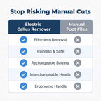 Arenzza electric callus remover device with comparison table showing features and benefits for professional pedicure results at home.