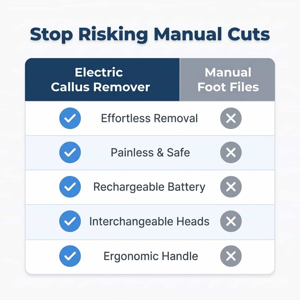 Arenzza electric callus remover device with comparison table showing features and benefits for professional pedicure results at home.