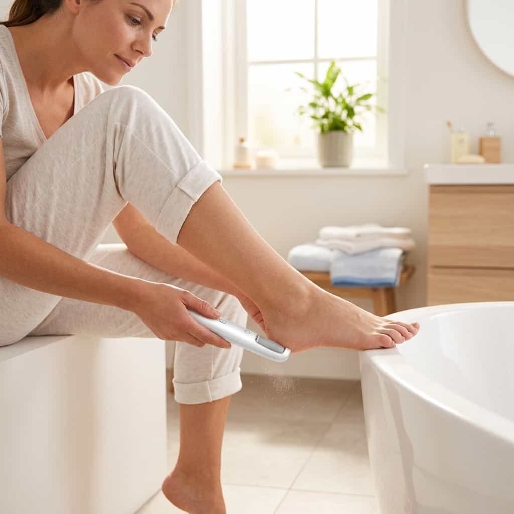 Arenzza electric callus remover in use on a person's foot, demonstrating professional pedicure results at home.