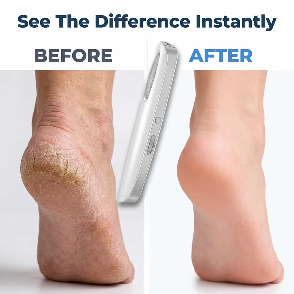 Arenzza electric callus remover showing before and after images of smooth, exfoliated feet with professional pedicure results at home.