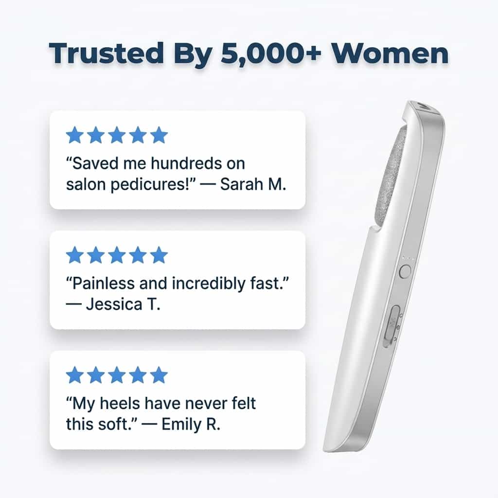 Arenzza electric callus remover device with a sleek design, shown on a social proof wall for professional at-home pedicure results.