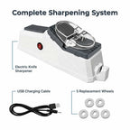 Arenzza electric knife sharpener with hygienic pore care features, shown with three bundled sharpening accessories.