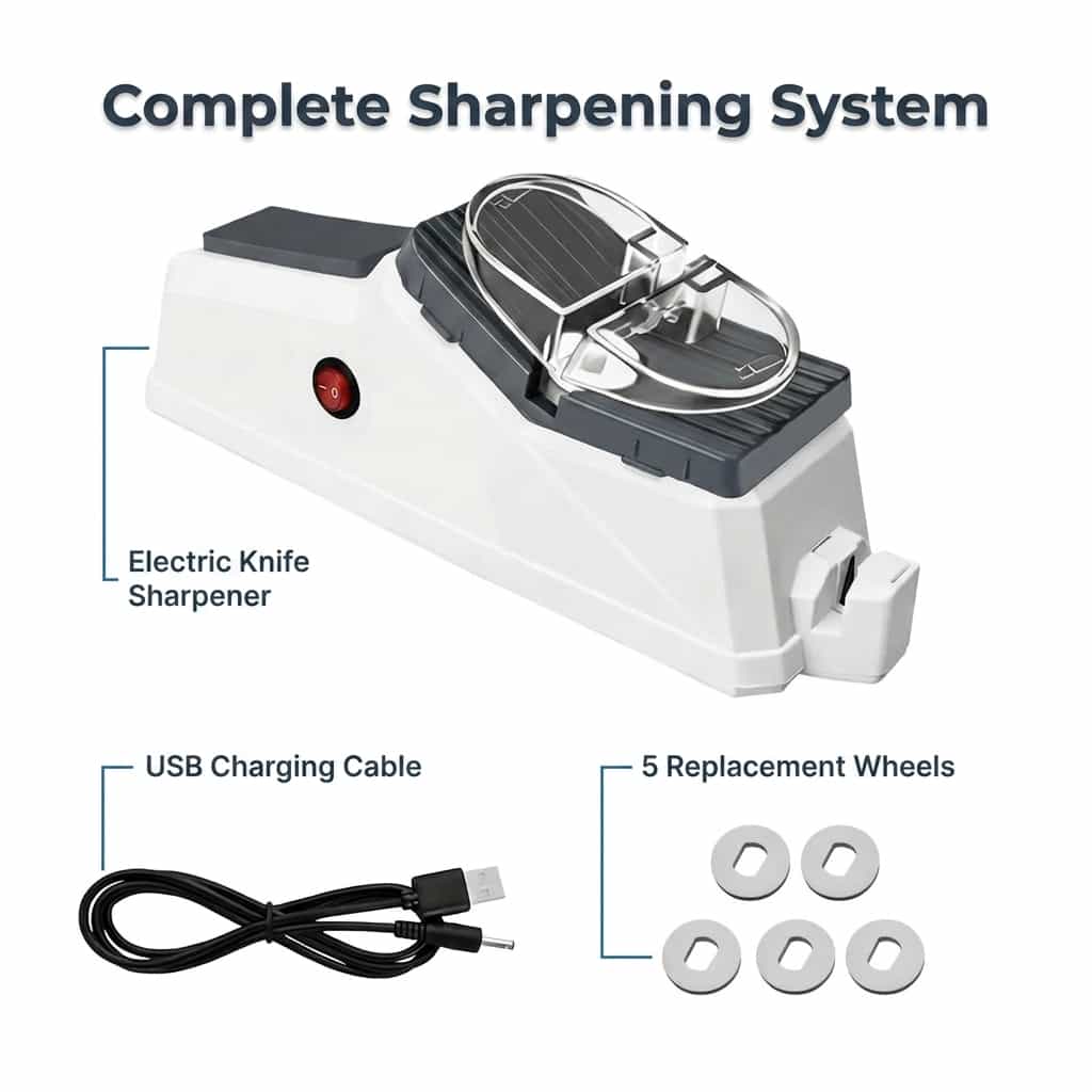 Arenzza electric knife sharpener with hygienic pore care features, shown with three bundled sharpening accessories.