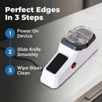 Arenzza electric knife sharpener with five numbered steps for hygienic pore care and precision blade sharpening.