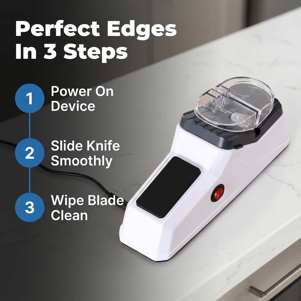 Arenzza electric knife sharpener with five numbered steps for hygienic pore care and precision blade sharpening.