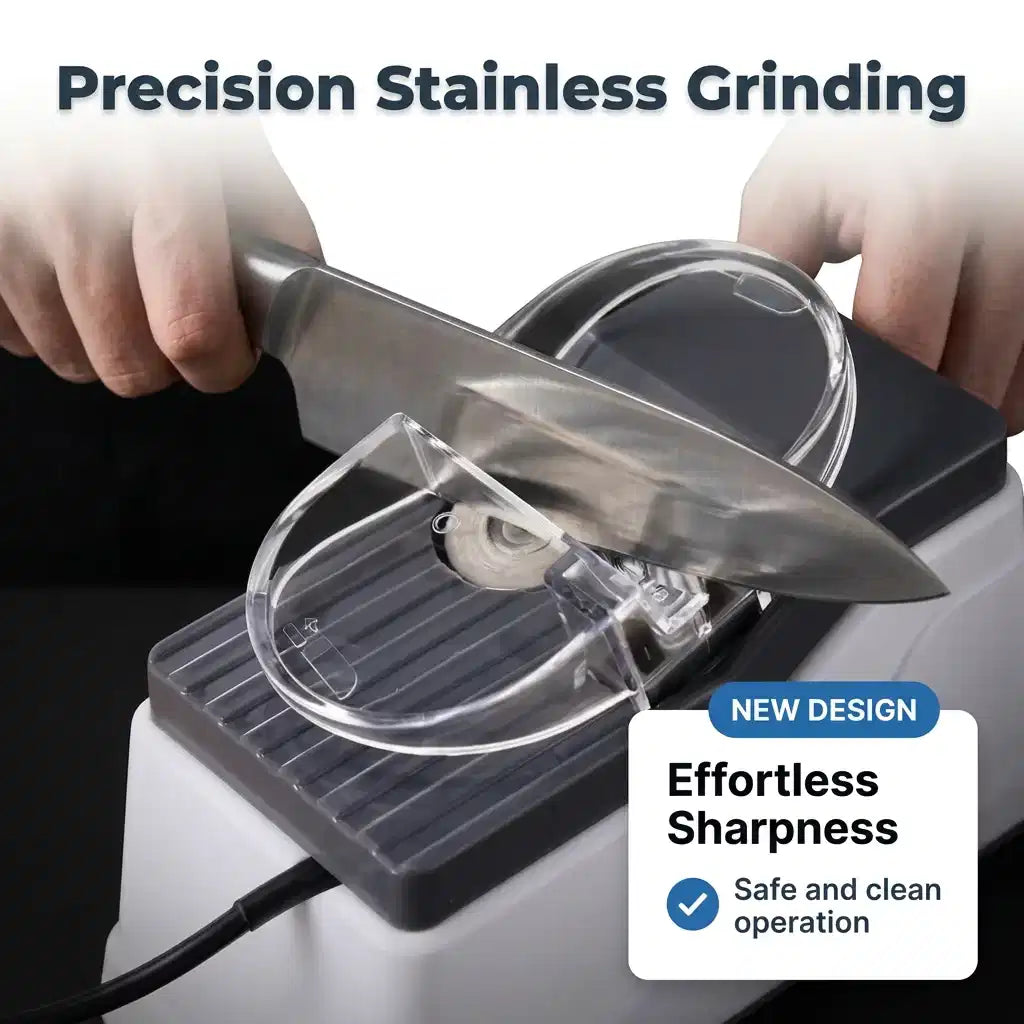 Arenzza electric knife sharpener with hygienic pore care feature, compact design, and ergonomic handle for precise kitchen sharpening.