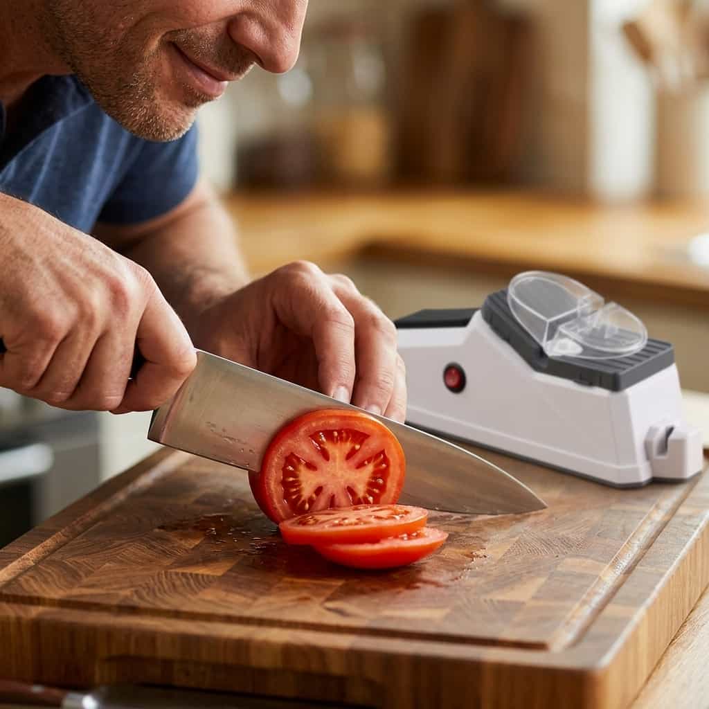 Arenzza electric knife sharpener in a modern kitchen setting, showcasing its hygienic pore care design for precise blade sharpening.