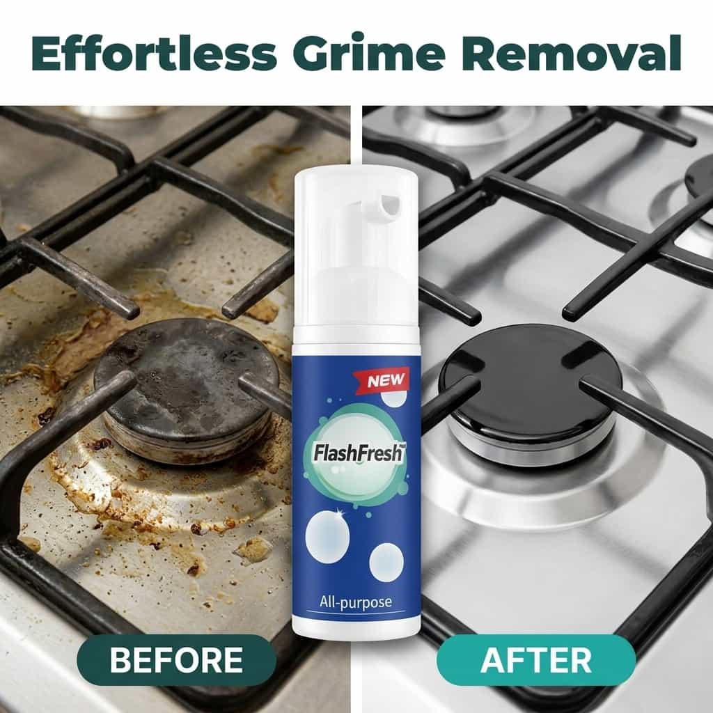 Arenzza FlashFresh rinse-free surface cleaning spray shown in a before and after comparison on various household surfaces.