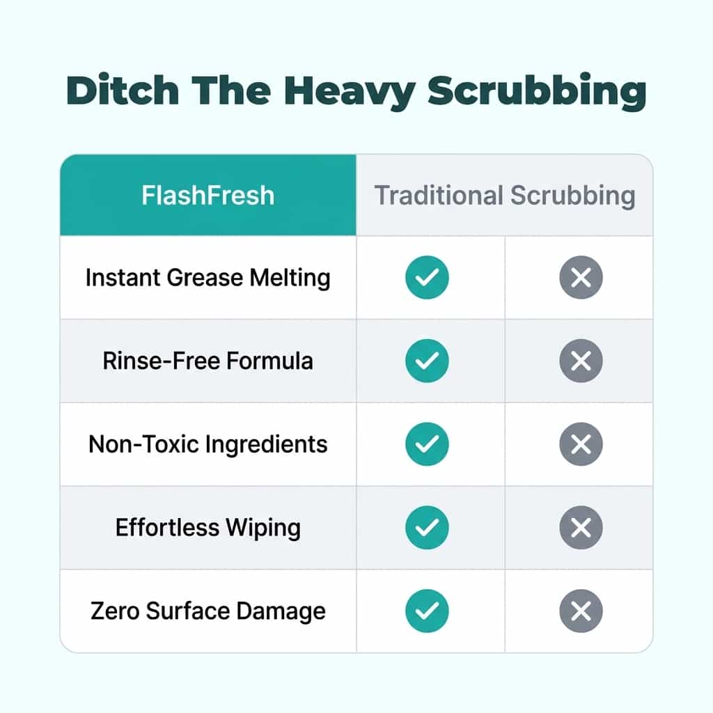 Comparison table of Arenzza FlashFresh rinse-free spray for surface cleaning, showing ease of use and cleaning efficiency.