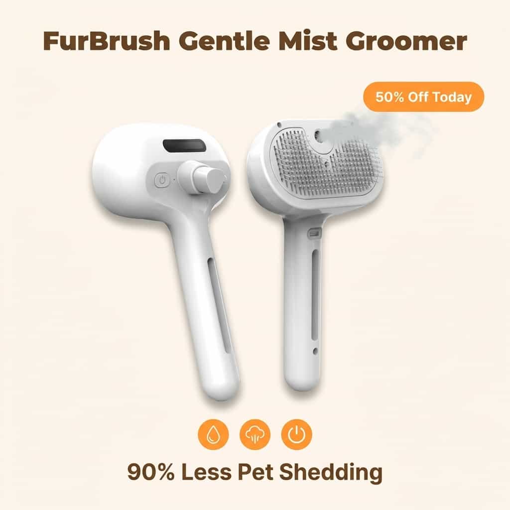 A pet being groomed with the FurBrush™ by Arenzza, showing its ergonomic design and soft bristles for comfortable pet grooming.